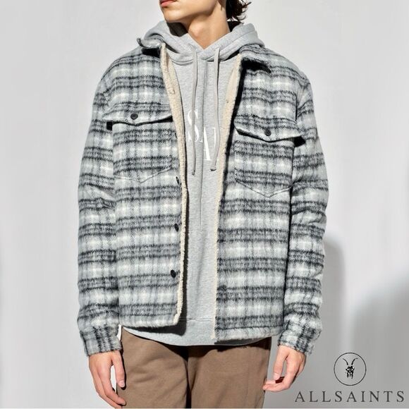 All Saints **NWT** Anvik Sherpa-Lined Wool Blend Check Plaid Jacket Light Grey - Picture 9 of 14